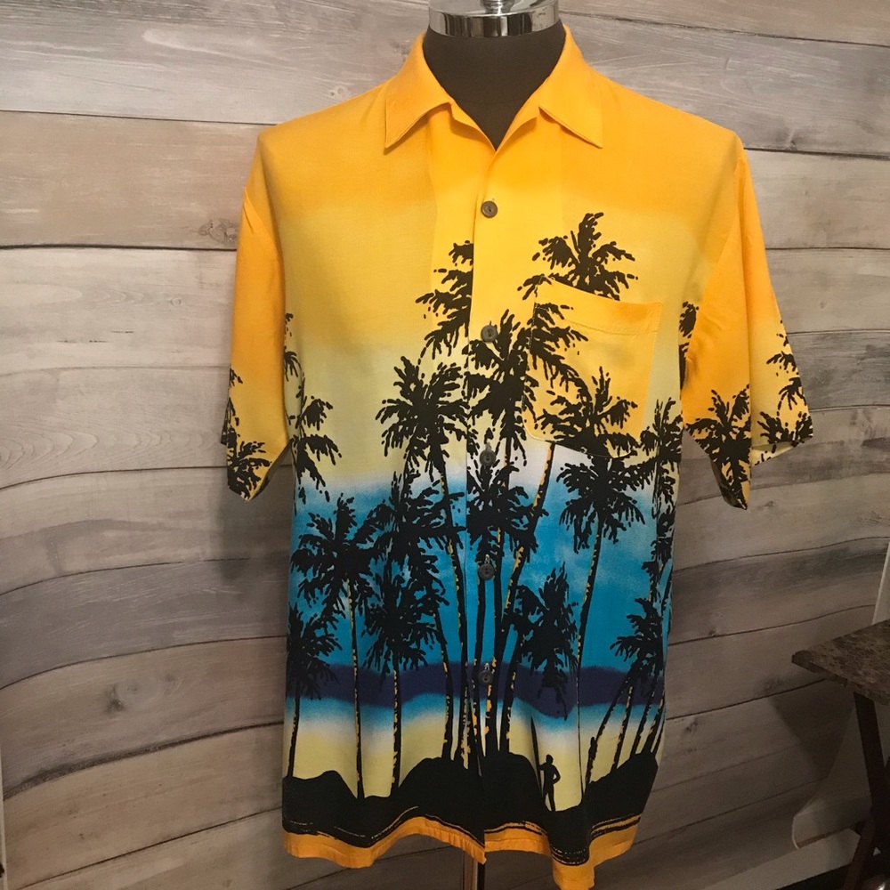 Vintage Tropical rayon OCEAN CURRENT sunset palm trees shirt L